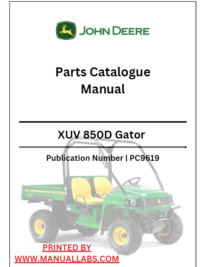 John Deere XUV 850D Gator PC9619 Parts Catalogue Manual