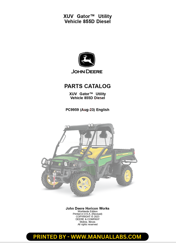 John Deere XUV Gator Utility Vehicle 855D Diesel Parts Catalog Manual PC9959