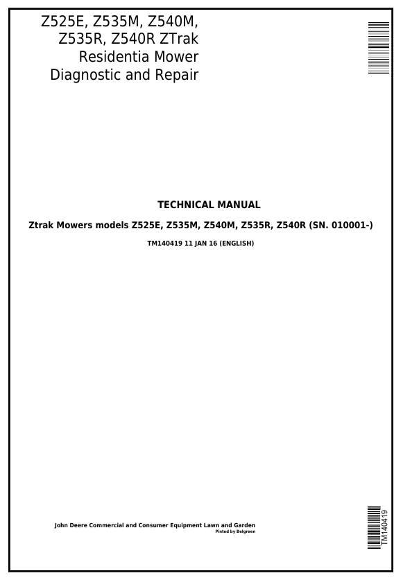 John Deere Z525E Z535M Z540M Z535R Z540R ZTrak Repair Manual TM140419