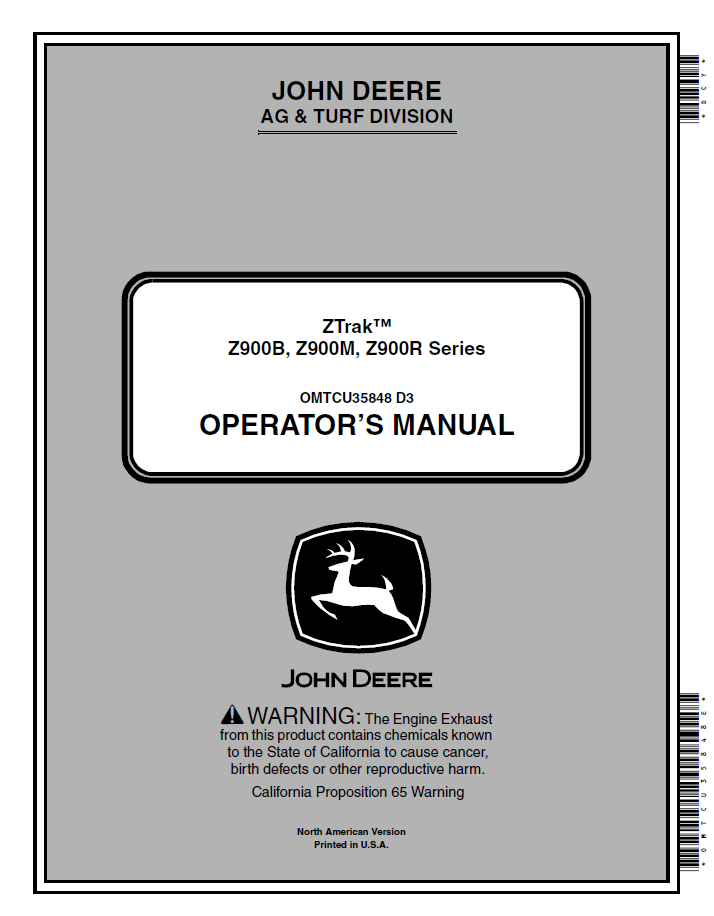 John Deere Z900B Z900M Z900R ZTrak Operator Manual OMTCU35848