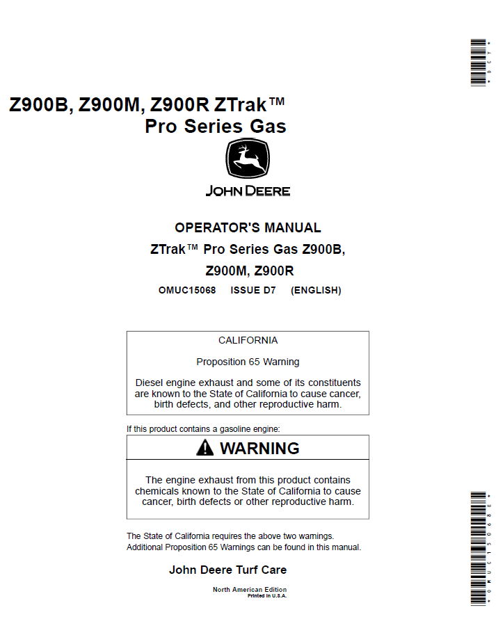 John Deere Z900B Z900M Z900R ZTrak Pro Gas Operator Manual Download