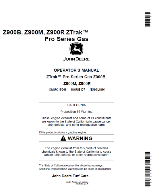 John Deere Z900B Z900M Z900R ZTrak Pro Gas Operator Manual Download