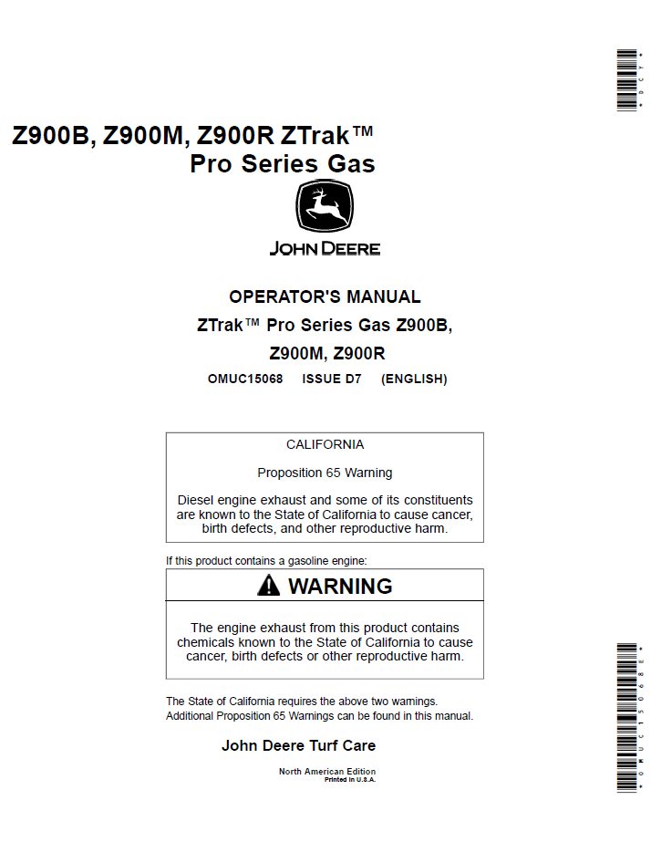 OMUC15068 John Deere Z900B Z900M Z900R ZTrak Pro Series Operator Manual