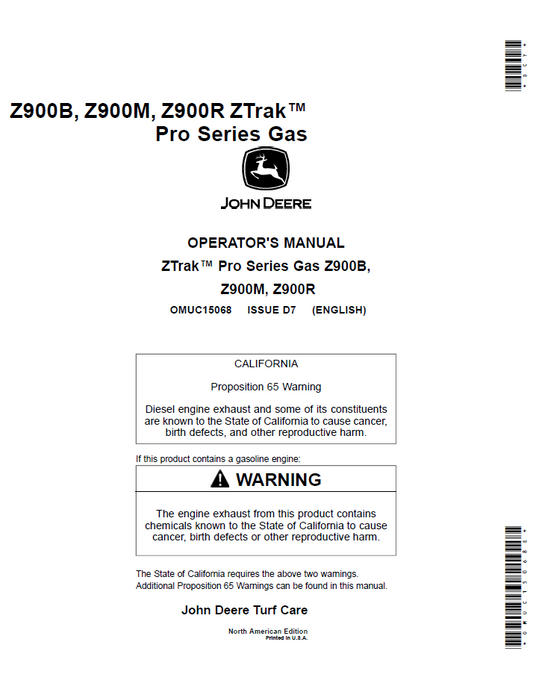OMUC15068 John Deere Z900B Z900M Z900R ZTrak Pro Series Operator Manual