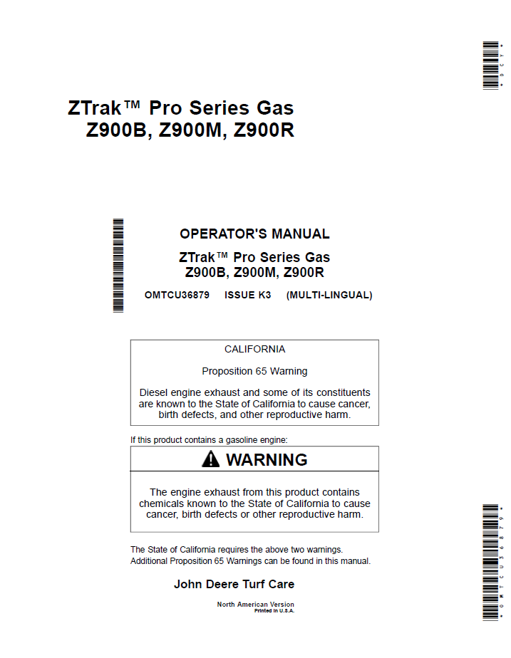 John Deere Z900B, Z900M, and Z900R ZTrak Manual (OMTCU36879)