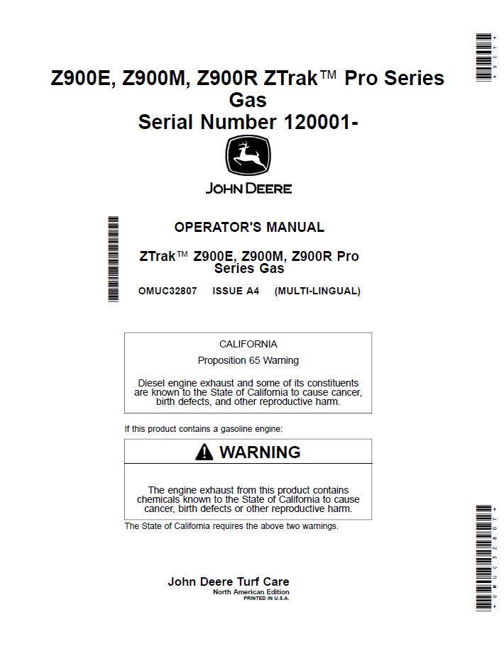 John Deere Z900E Z900M Z900R ZTrak™ Gas Mower Operator Manual (OMUC32807)