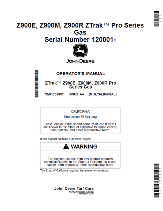 John Deere Z900E Z900M Z900R ZTrak™ Gas Mower Operator Manual (OMUC32807)