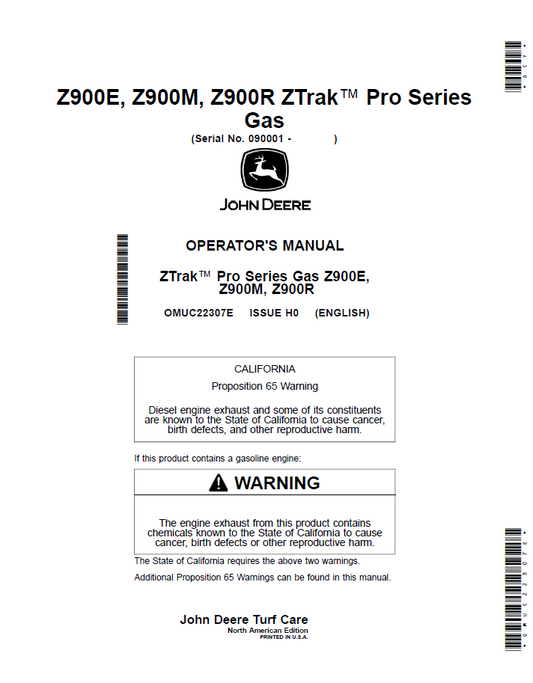 John Deere Z900E Z900M Z900R ZTrak Gas Operator Manual (OMUC22307E)
