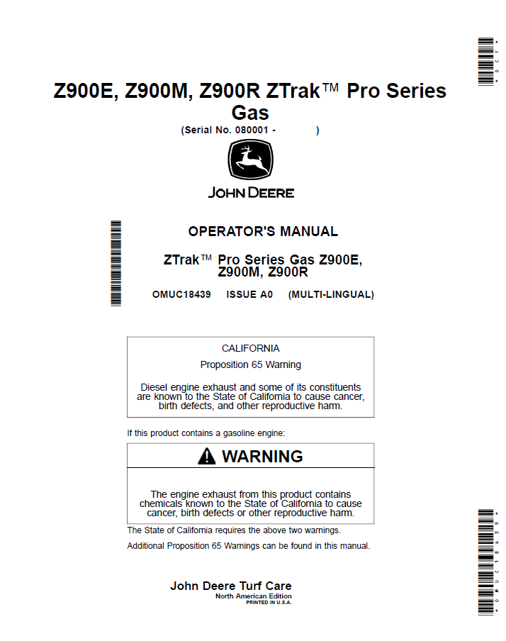 John Deere Z900E/Z900M/Z900R ZTrak Pro Gas Manual OMUC18439
