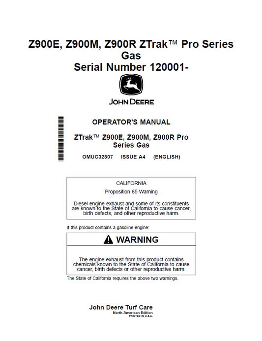 OMUC32807 John Deere Z900E Z900M Z900R ZTrak Pro Gas Operator Manual
