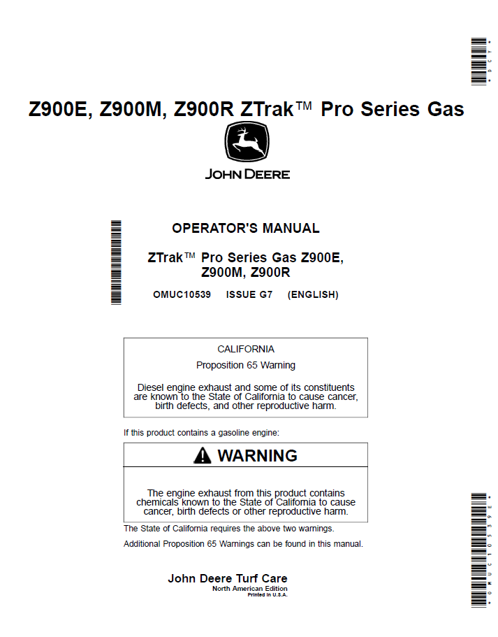 John Deere Z900E/Z900M/Z900R ZTrak™ Pro Gas Operator Manual - OMUC10539