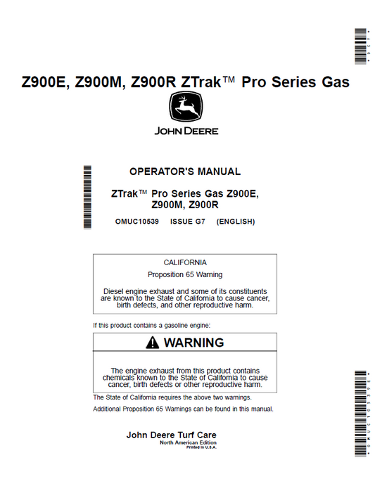 John Deere Z900E/Z900M/Z900R ZTrak™ Pro Gas Operator Manual - OMUC10539