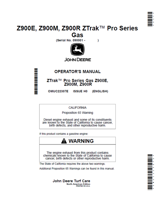 John Deere Z900E/Z900M/Z900R ZTrak Pro Gas Operator Manual | OMUC22307E