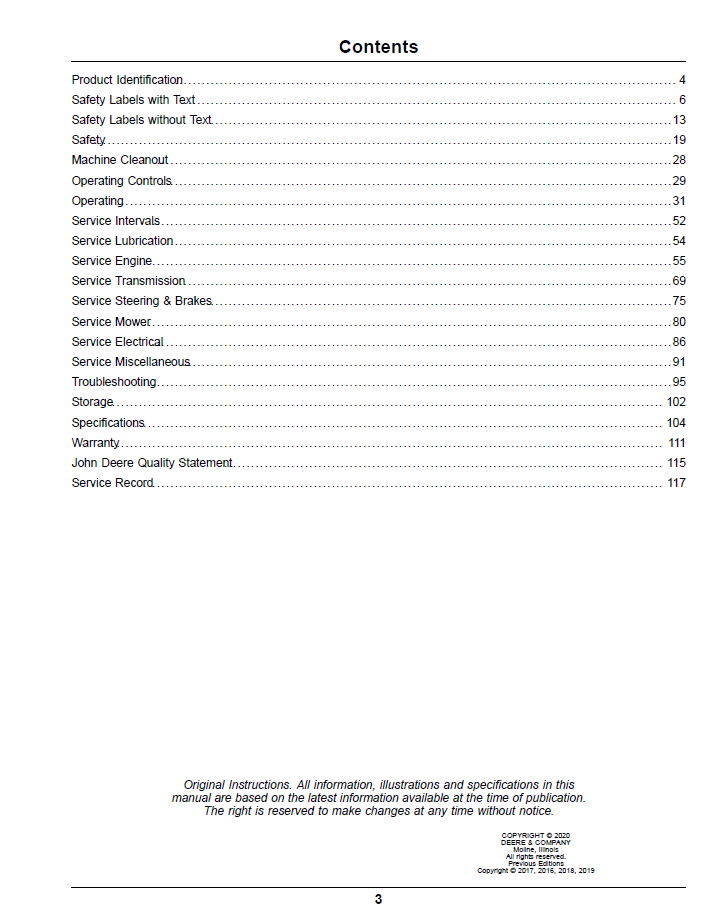 John Deere Z900E, Z900M & Z900R ZTrak Pro Series Gas Operator Manual