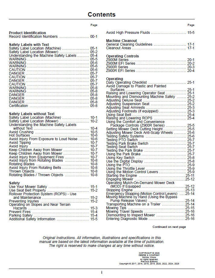 John Deere Z900M & Z900R Pro Series Operator Manual (Zero Turn) OMUC46547
