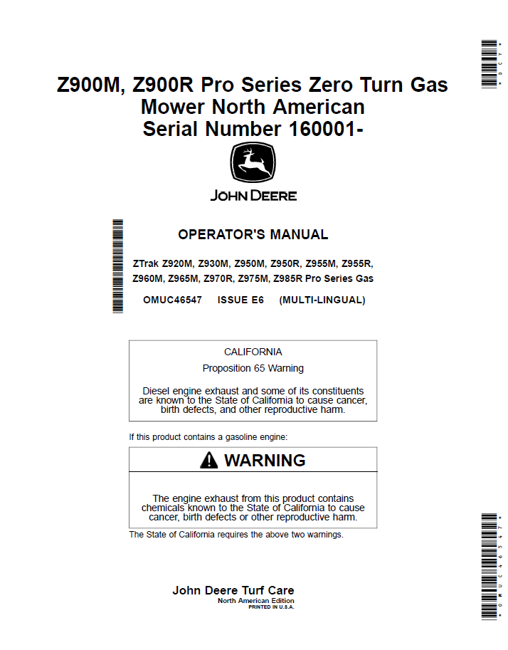 John Deere Z900M & Z900R Pro Series Zero Turn Gas Mower Manual OMUC46547