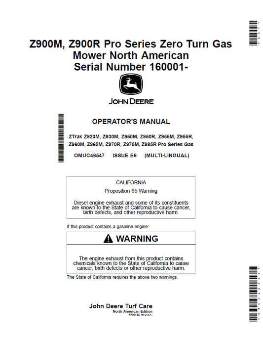 John Deere Z900M & Z900R Pro Series Zero Turn Gas Mower Manual OMUC46547