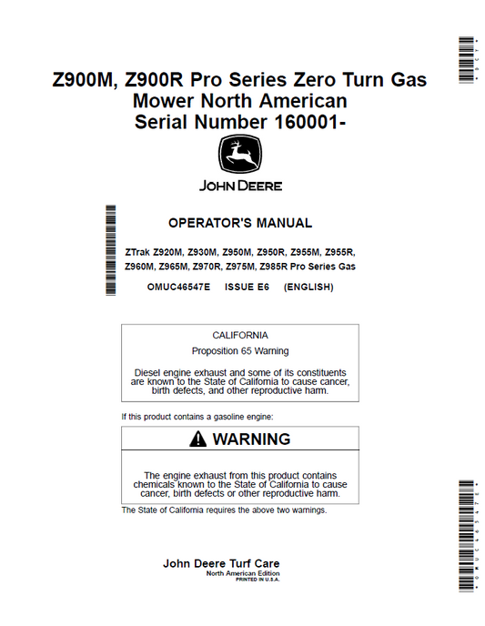 John Deere Z900M & Z900R Pro Series Zero Turn Mower Manual (OMUC46547E)