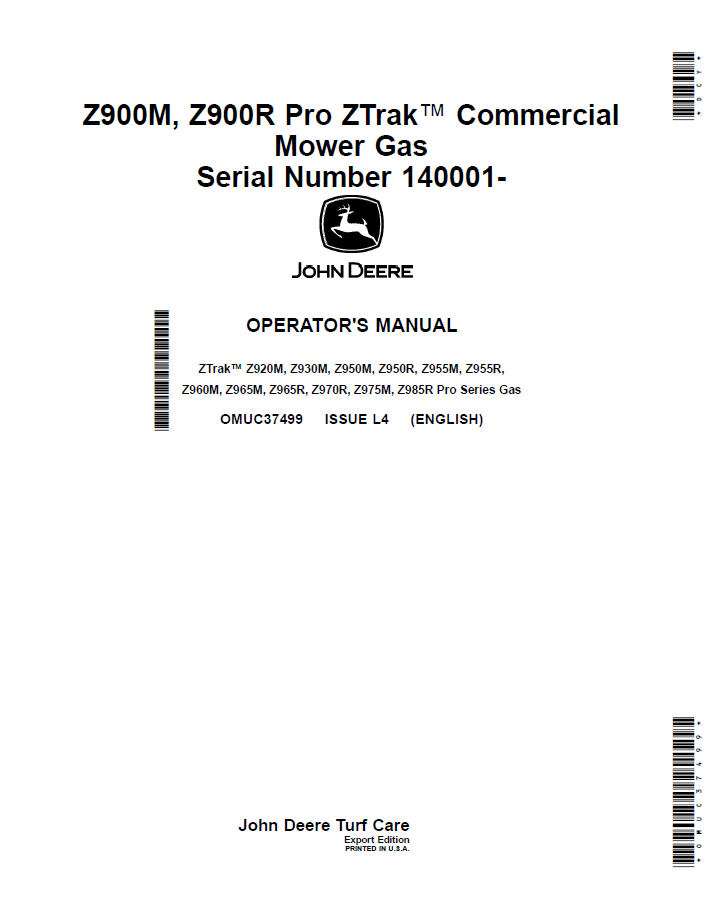 John Deere Z900M & Z900R Pro ZTrak Mower Service & Operator Manual OMUC37499