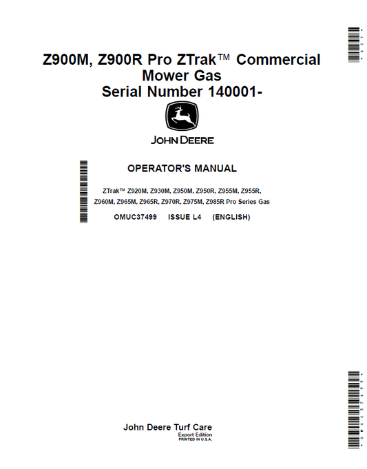 John Deere Z900M & Z900R Pro ZTrak Mower Service & Operator Manual OMUC37499