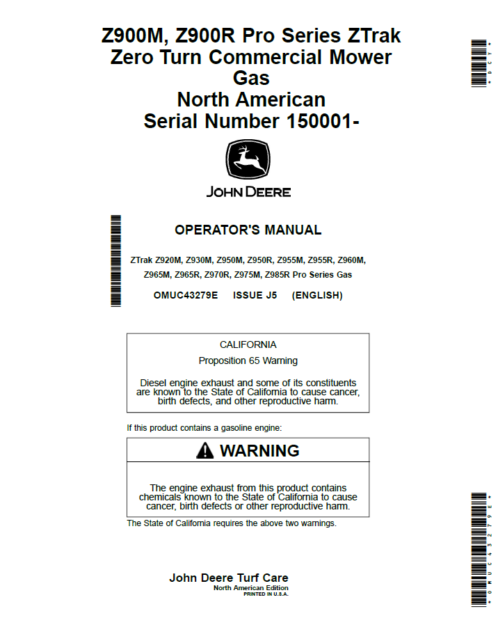 OMUC43279E John Deere Z900M & Z900R ZTrak Zero Turn Operator Manual