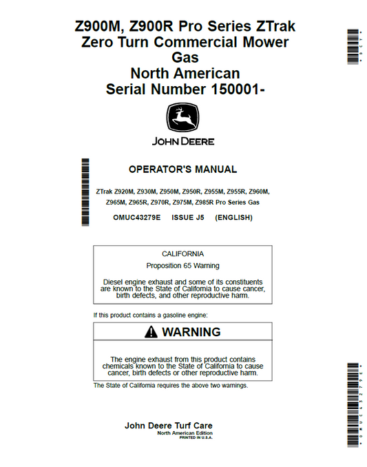 OMUC43279E John Deere Z900M & Z900R ZTrak Zero Turn Operator Manual