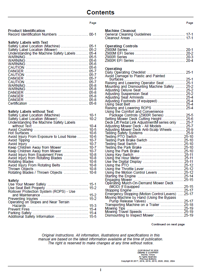 OMUC43279E John Deere Z900M & Z900R ZTrak Zero Turn Operator Manual