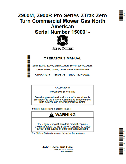 John Deere Z900M & Z900R ZTrak Zero Turn Operator Manual OMUC43279