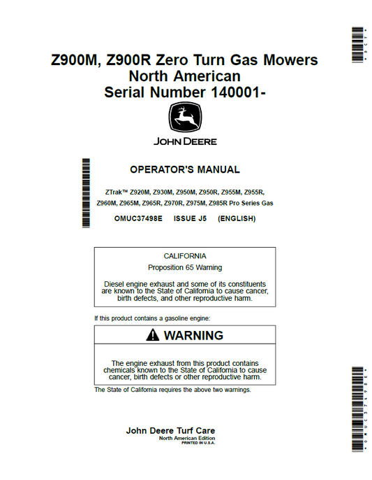 John Deere Z900M & Z900R Zero-Turn Mower Operator Manual (OMUC37498E)