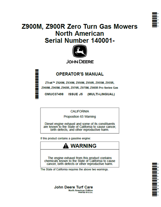 John Deere Z900M & Z900R Zero Turn Gas Mower Owner Manual | OMUC37498
