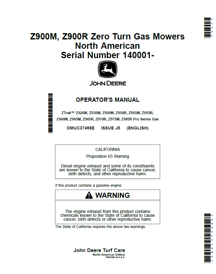 John Deere Z900M & Z900R Zero Turn Mower Operator Manual (OMUC37498E) PDF Guide