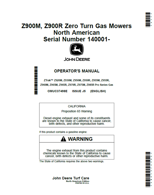 John Deere Z900M & Z900R Zero Turn Mower Operator Manual (OMUC37498E) PDF Guide