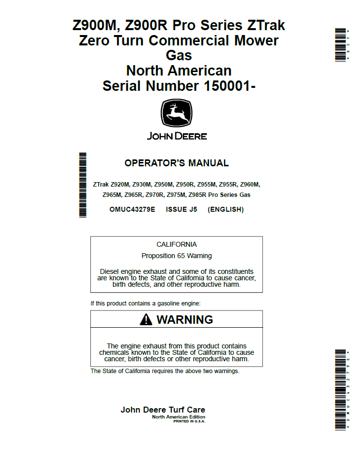 John Deere Z900M and Z900R Pro Series ZTrak Manual (OMUC43279E)