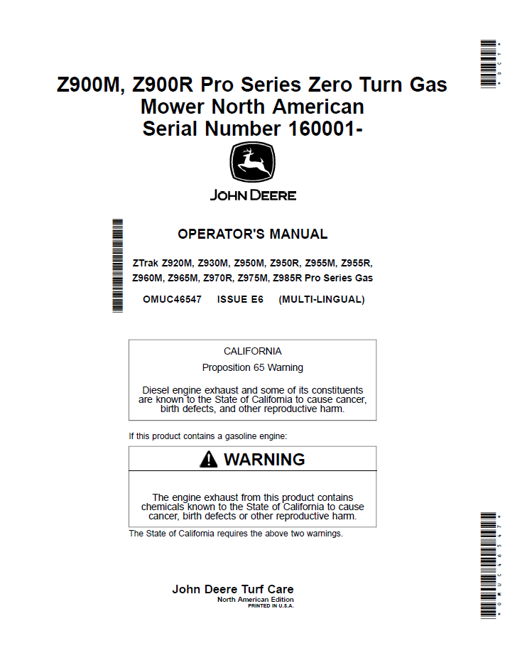 John Deere Z900M and Z900R Zero Turn Mower Operator Manual (OMUC46547)