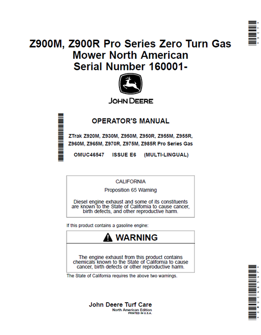 John Deere Z900M and Z900R Zero Turn Mower Operator Manual (OMUC46547)