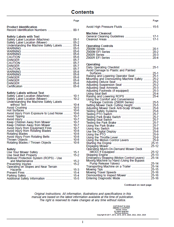 John Deere Z900 Series Pro Gas Mower Manual - OMUC46547 Download