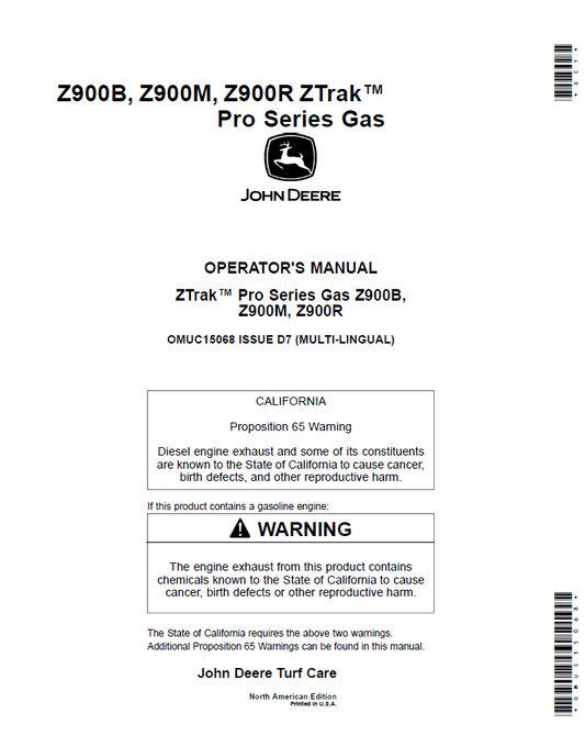 John Deere Z900 Series ZTrak Pro Gas Mower Operator Manual (OMUC15068)