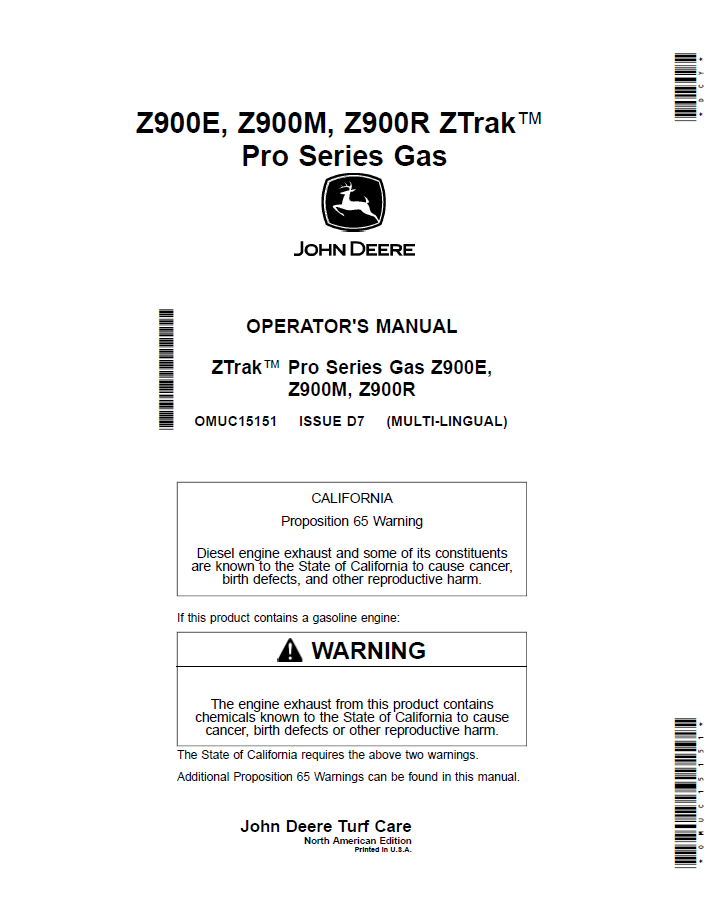 John Deere Z900 Series ZTrak Pro Gas Mower Operator Manual (OMUC15151)