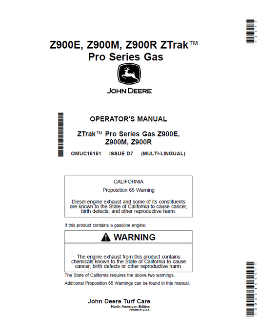 John Deere Z900 Series ZTrak Pro Gas Mower Operator Manual (OMUC15151)