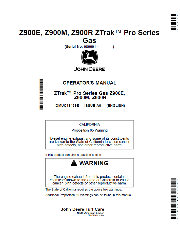 John Deere Z900 Series ZTrak Pro Gas Mower Operator Manual (OMUC18439E)