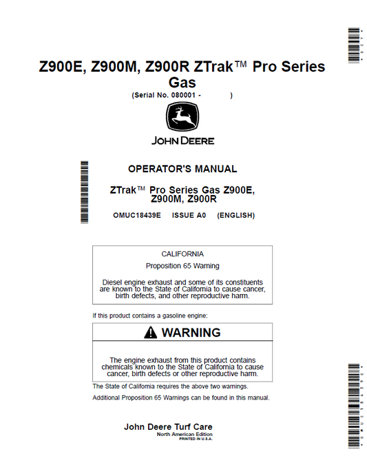 John Deere Z900 Series ZTrak Pro Gas Mower Operator Manual (OMUC18439E)