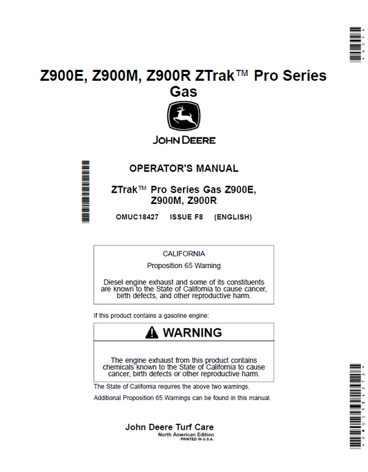 John Deere Z900 Series ZTrak Pro Gas Operator & Maintenance Manual