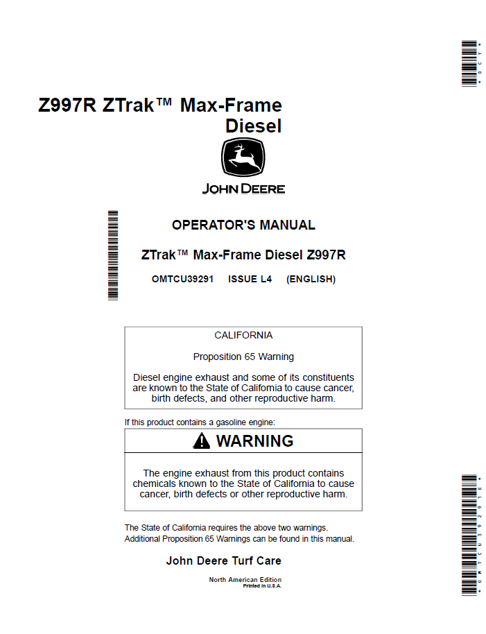 John Deere ZTrak Max-Frame Diesel Z997R Operator Manual (OMTCU39291)