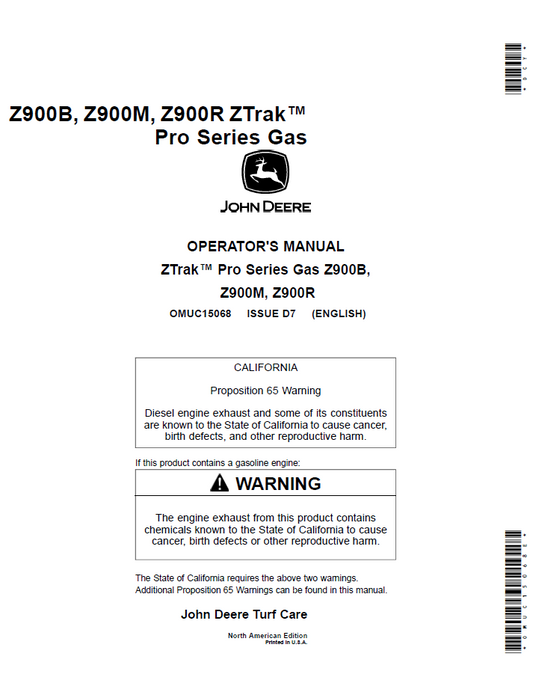 John Deere ZTrak Pro Series Z900B, Z900M, Z900R Operator Manual (OMUC15068)