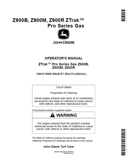 John Deere ZTrak Pro Series Z900 Operator Manual OMUC15068