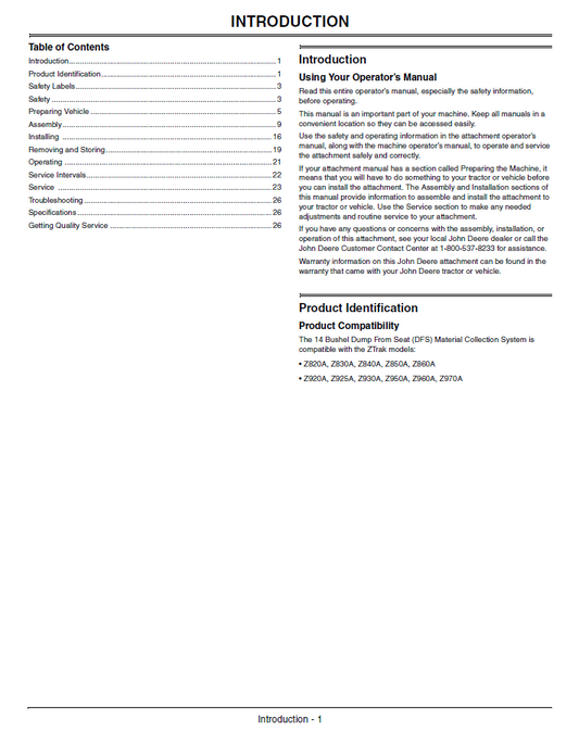 John Deere ZTrak™ Pro Series Z910A–Z970A OMTCU30355 User & Service Manual