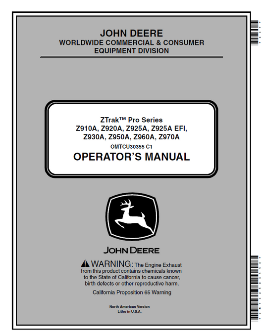 John Deere ZTrak Pro Series Z910A–Z970A Operator Manual (OMTCU30355)