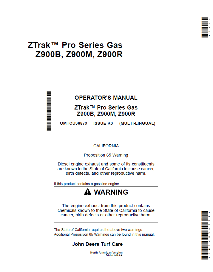 John Deere ZTrak Pro Z900B, Z900M, Z900R Gas Mower Operator Manual