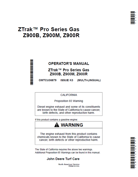 John Deere ZTrak Pro Z900B, Z900M, Z900R Gas Mower Operator Manual
