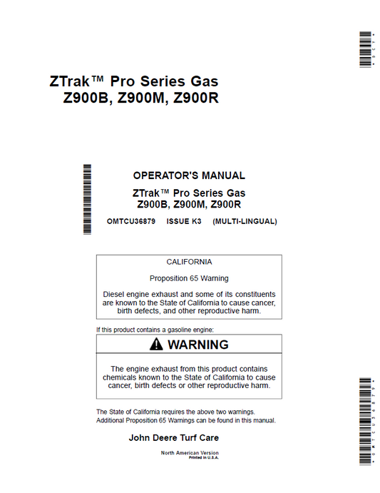 John Deere ZTrak Z900B-Z900M-Z900R Gas Operator Manual (OMTCU36879)